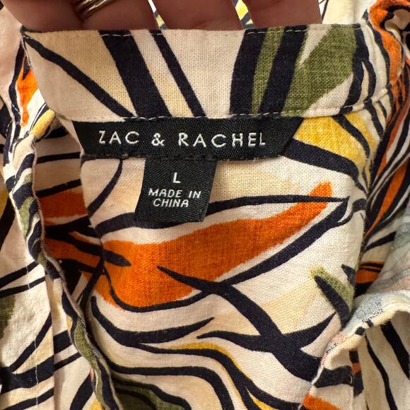 Zac & Rachel Linen Blend Tropical Print Button Front Blouse Large Boxy Casual - Picture 2 of 10